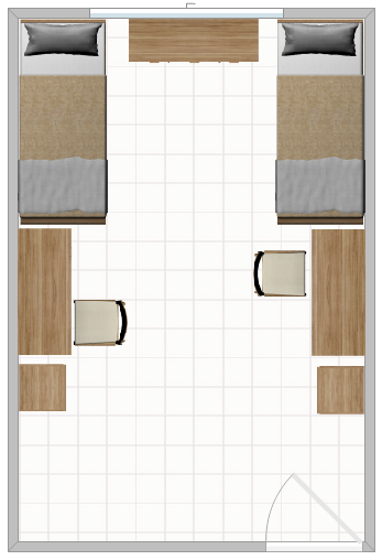 A typical double room in Bohn hall with two desks, two beds and dressers.