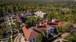 Aerial photo of Montclair State University campus buildings.