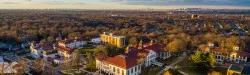 aerial photo of campus at sunset