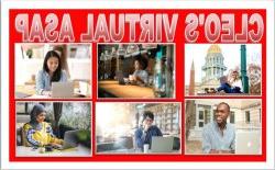 CLEO'S VIRTUAL ASAP event title centered above six different images of diverse adults looking at their laptops in cafe, outdoor, and work settings