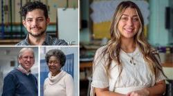 Collage of photos of Andreia Resende ’22, left, Alex Diaz ’12 MEd, Teaching and Learning Professor Douglas Larkin and Biology Professor Sandra Adams