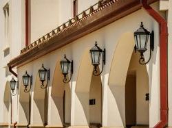 The lights in a row outside of the School of Nursing.