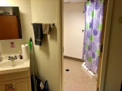 The bathroom to a Blanton Double Room as seen from one of the connecting rooms.