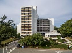 The exterior of Bohn Hall from a lower angle.